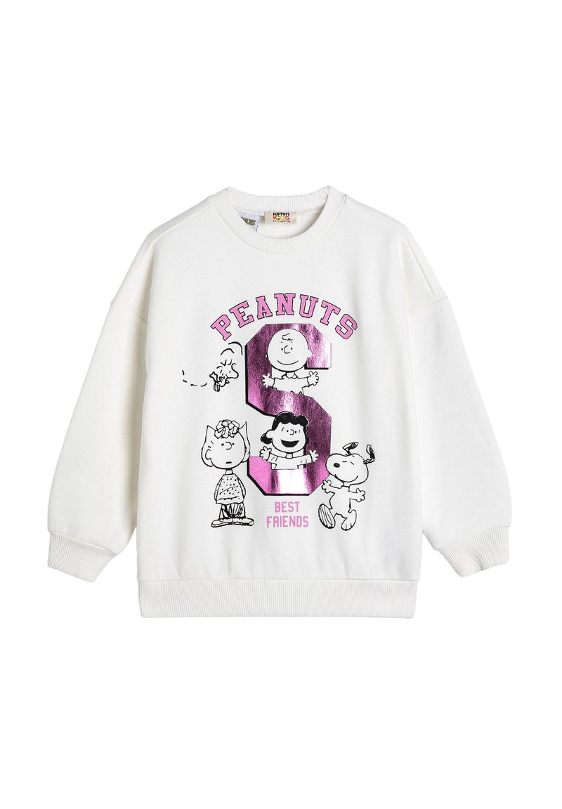 Biała bluza dziecięca z różowym napisem "PEANUTS", dużą błyszczącą literą "S", postaciami Charliego Browna, Lucy, Snoopy'ego i Woodstocka oraz napisem "NAJLEPSI PRZYJACIELE".
