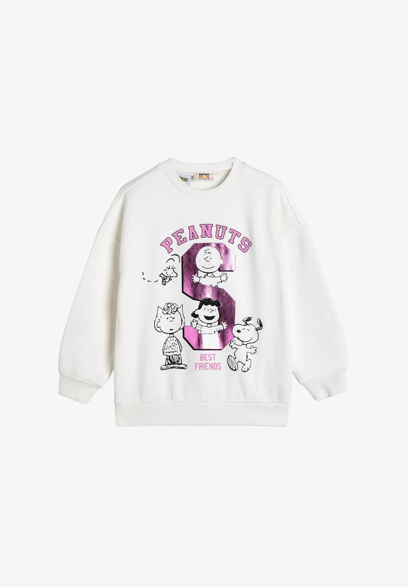 Biała bluza dziecięca z różowym napisem "PEANUTS", dużą błyszczącą literą "S", postaciami Charliego Browna, Lucy, Snoopy'ego i Woodstocka oraz napisem "NAJLEPSI PRZYJACIELE".