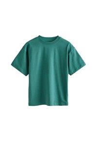 T-shirt en coton vert avec un col rond, des manches courtes et une coupe décontractée. Texture lisse, sans motifs ni accents, design simple.