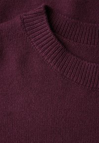 Pull en tricot bordeaux avec un col rond. Doté d'un col et d'un ourlet côtelés, avec une finition douce et texturée. Pas de motifs ou de matériel visibles.