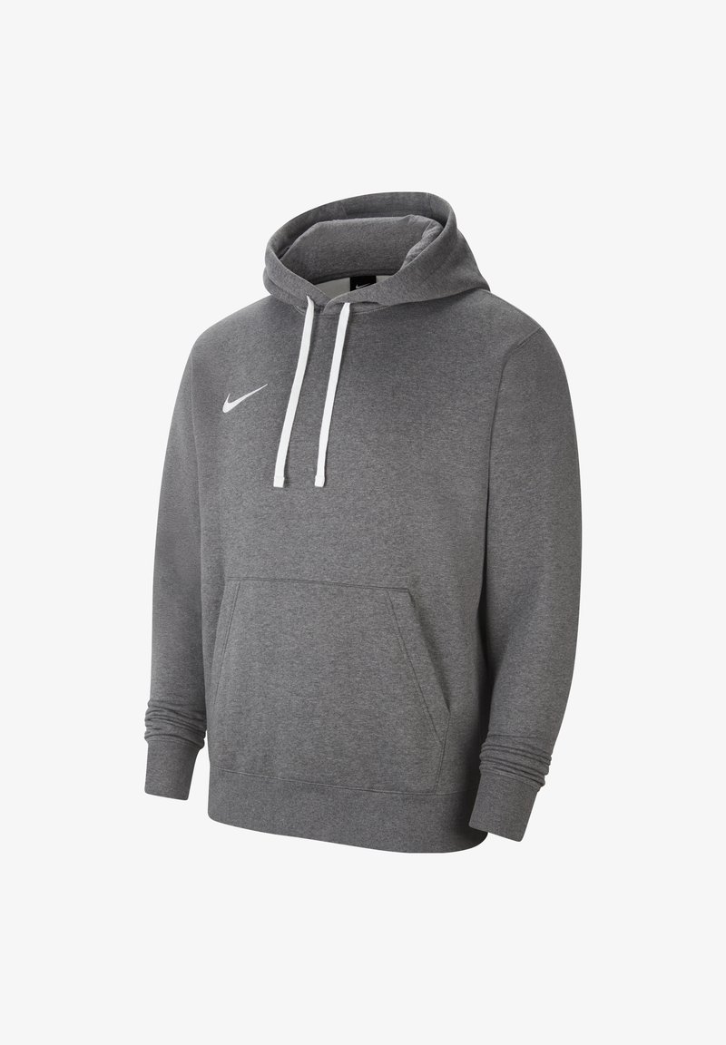 Sweat à capuche gris à manches longues avec poche avant, cordons blancs et petit logo Nike Swoosh blanc sur la poitrine.