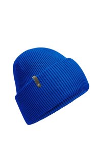 Blue knitted beanie with ribbed texture and a folded cuff. Features a small black fabric tag with a logo on the side.