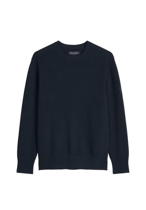 Marineblauwe, geribbelde, gebreide trui met lange mouwen, ronde hals, slanke pasvorm en subtiel merkembleem aan de binnenkant van de kraag.