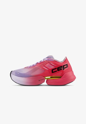 Running shoe in pink and purple with thick cushioned sole, black "cep" branding, and visible yellow midsole support element on white background.
