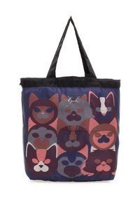 Borsa a spalla colorata in nylon, con una stampa di facce di gatti stilizzati nei toni del rosa, grigio e blu. Manici neri nella parte superiore.