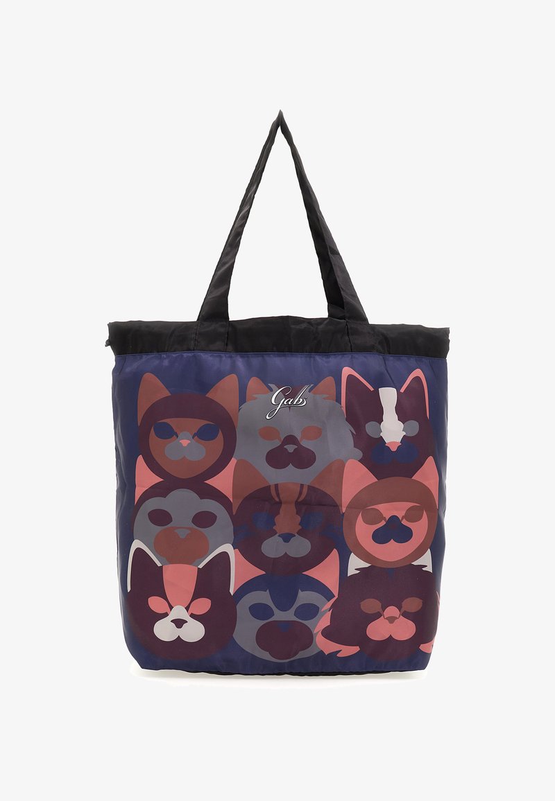 Borsa a spalla colorata in nylon, con una stampa di facce di gatti stilizzati nei toni del rosa, grigio e blu. Manici neri nella parte superiore.