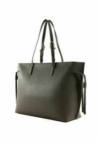 Sac cabas en cuir vert foncé texturé avec deux longues anses et une bandoulière amovible. Design minimaliste sans détails de ferrures visibles.