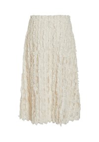 Beige midi-hame, jossa on rosoinen rakenne ja rypytetty muotoilu, korkea vyötärö ja kerroksellinen kangas lisäämään volyymiä.