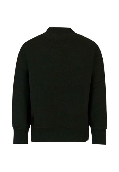 Zwarte lange mouwen crewneck sweatshirt van achteren weergegeven, met ribgebreide manchetten en onderrand op een witte achtergrond.