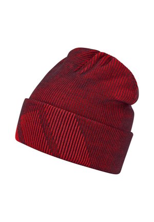 Berretto lavorato a maglia a righe rosse e bordeaux scuro con risvolto piegato e trama a coste.