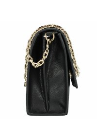 Sac à main en cuir noir avec une finition texturée, bandoulière en chaîne dorée et une forme structurée. L'intérieur comprend deux compartiments et une fermeture sécurisée.