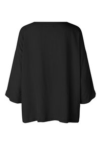 Haut noir ample avec un col large, des manches trois-quarts et un tissu lisse et texturé. Pas de motifs ni d'embellissements visibles.