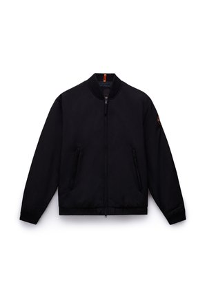 Fekete bomber dzseki bordás gallérral, elülső cipzárral és két oldalsó zsebbel, sima, matt felülettel.