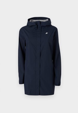 Navy blue waterproof jacket with a hood, long sleeves, a front zipper, and elastic cuffs. Features a logo on the upper left side.