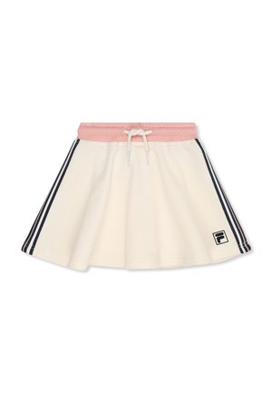 Gonna color crema con fascia elastica rosa in vita e coulisse, strisce laterali bianche e nere, e una piccola toppa con il logo in basso a destra.