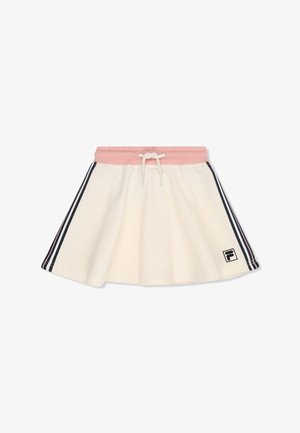 Gonna color crema con fascia elastica rosa in vita e coulisse, strisce laterali bianche e nere, e una piccola toppa con il logo in basso a destra.