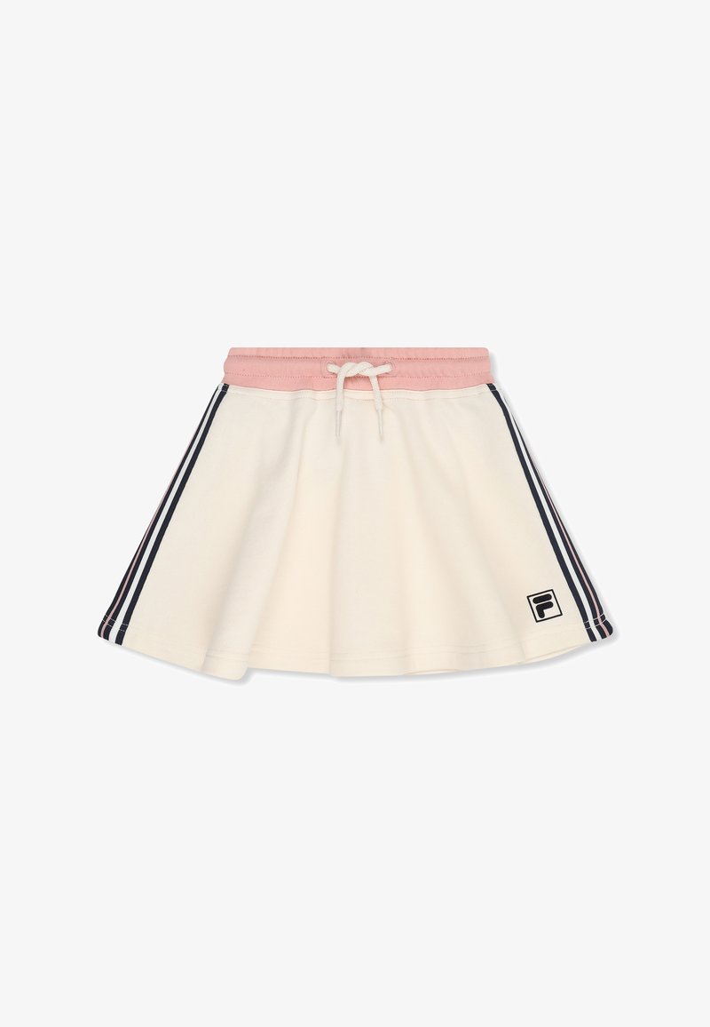 Falda color crema con cintura elástica rosa y cordón, franjas laterales en blanco y negro, y un pequeño parche con logo en la parte inferior derecha.