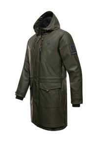 Olive green waterproof parka with a hood, featuring multiple pockets, a fleece-lined interior, and logo details on the chest and sleeve.
