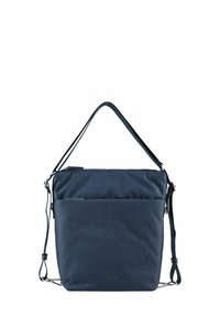Sac à épaule bleu marine avec un tissu texturé, une bandoulière réglable, une fermeture à glissière et une poche avant dotée d'un design de logo élégant.