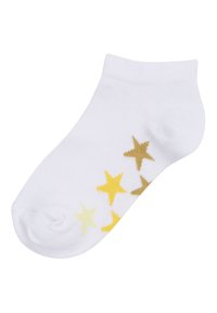 Calzino bianco alla caviglia con una sfumatura di stelle in tonalità gialle e dorate su un lato. Realizzato in materiale morbido e traspirante.