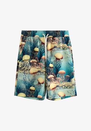 Teenagedreng iført matchende blå-grøn hættetrøje og shorts med blæksprutteprint, stående med hænderne afslappede, kigger let opad og til siden.