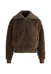 Bruine fleecejas met ritssluiting, oversized kraag en geribbelde manchetten en zoom. Gestructureerd, zacht materiaal met een comfortabele uitstraling.