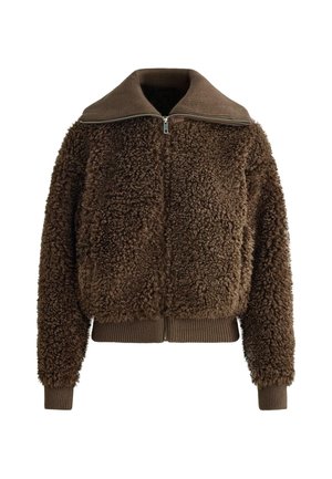 Hnedá fleecová bunda so zipsovým zatváraním, oversize golierom a rebrovanými manžetami a lemom. Štruktúrovaný, mäkký materiál s útulným vzhľadom.