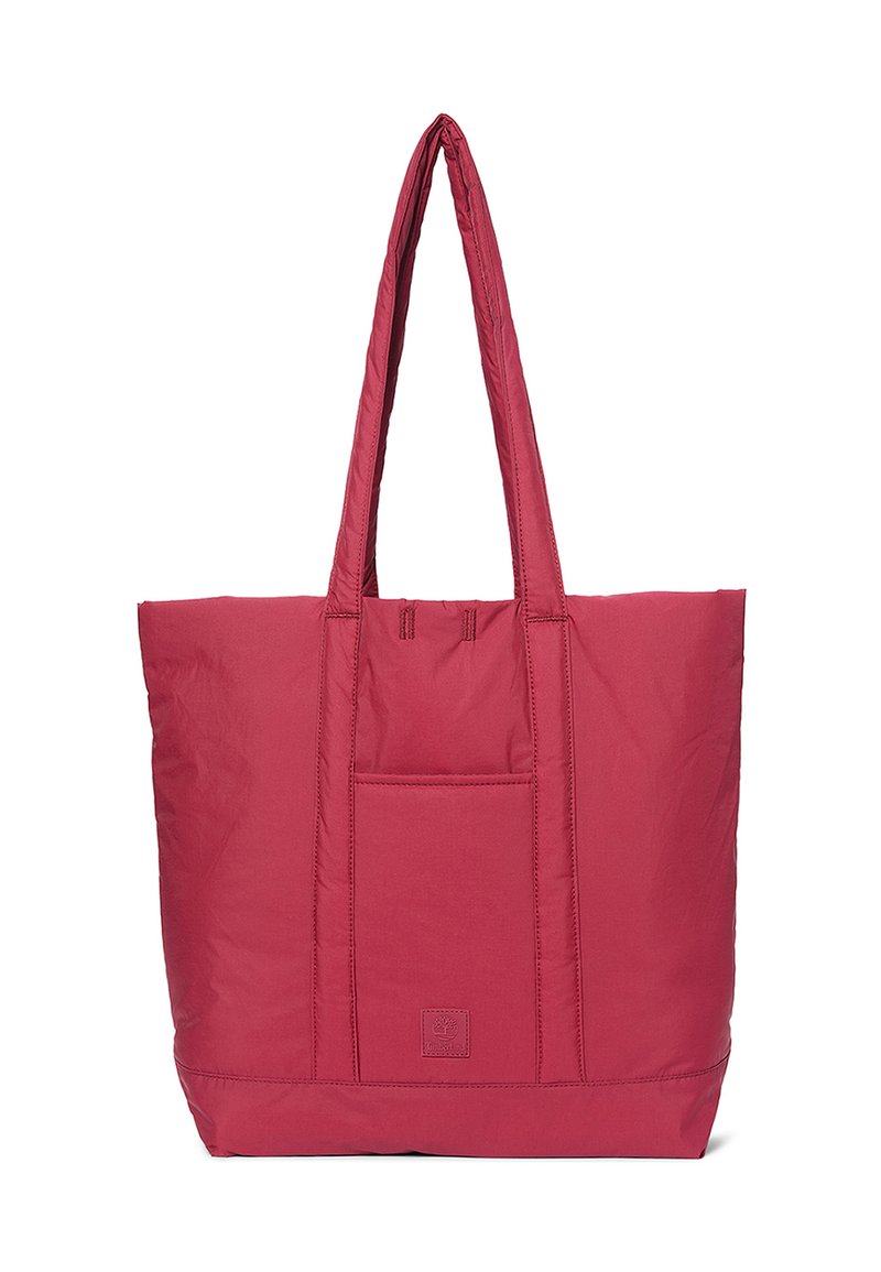 Borsa tote in nylon rosso con due lunghe maniglie, dotata di una tasca anteriore e di un design minimalista. La superficie è liscia con leggera imbottitura.