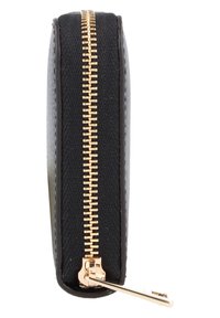 Black textile wallet with gold zipper, featuring a sleek rectangular shape and textured surface. Includes a small zipper pull.