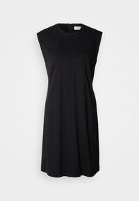 Robe noire sans manches en ligne A avec encolure ronde, épaules structurées et fermeture éclair dans le dos.