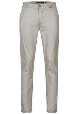 Lysebeige slim-fit herrebukser med forreste knap og lynlås, bærestropper og sidelommer, vist på en hvid baggrund.