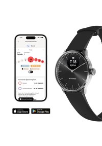 Orologio smartwatch Withings con quadrante rotondo nero, ghiera argentata e cinturino in silicone nero. Accompagnato da uno smartphone che mostra un'app di tracciamento del ciclo.