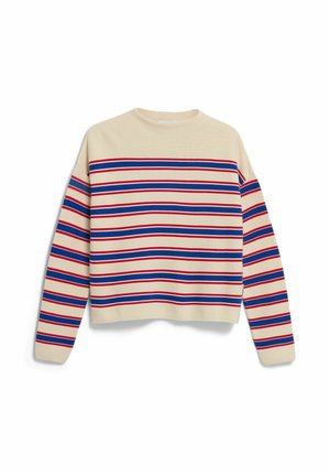 Gestreifter Rundhalspullover mit beiger Grundfarbe. Verfügt über horizontale rote und blaue Streifen. Weiche Textur, kurze Passform und lange Ärmel.