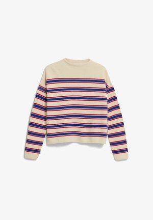 Gestreepte trui met ronde hals en een beige basis. Heeft horizontale rode en blauwe strepen. Zachte textuur, cropped pasvorm en lange mouwen.