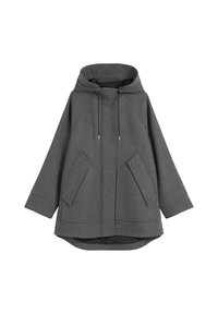 Manteau à capuche gris en tissu texturé, avec une fermeture éclair à l'avant, des poches à pression et un ourlet arrondi. Cordon de serrage réglable à la capuche.