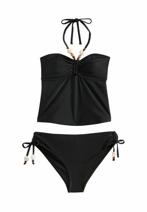 Czarny dwuczęściowy strój kąpielowy z halterem z ozdobnymi wiązaniami z koralików oraz dopasowanym dołem bikini z bocznymi wiązaniami i dekoracyjnymi koralikami.