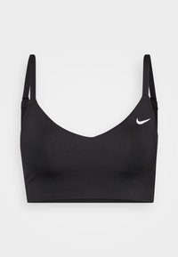 Black sports bra with a V-neck design, adjustable straps, made of smooth fabric, featuring a small white Nike logo on the left side.