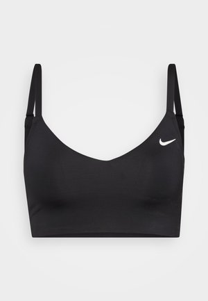Black sports bra with a V-neck design, adjustable straps, made of smooth fabric, featuring a small white Nike logo on the left side.