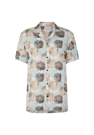 Camicia a maniche corte con bottoni, caratterizzata da un motivo geometrico in toni di beige chiaro, verde e blu; realizzata in un tessuto leggero con una vestibilità comoda.