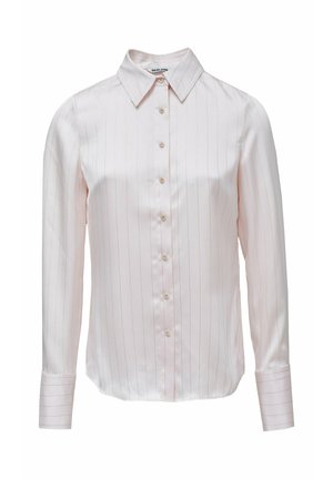 Blusa a maniche lunghe color rosa chiaro con bottoni, sottili righe verticali, colletto appuntito e polsini con bottoni.