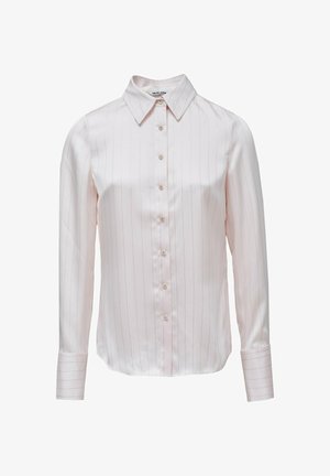 Blusa a maniche lunghe color rosa chiaro con bottoni, sottili righe verticali, colletto appuntito e polsini con bottoni.