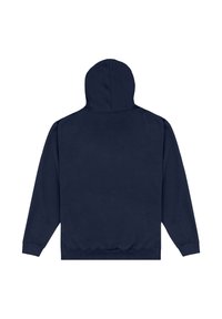 Navy blue sweatshirt with a hood, long sleeves, ribbed cuffs and hem, and a smooth texture. Back view, no other details visible.