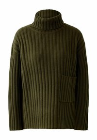 Rippstrick-Turtleneck-Pullover in dunklem Olivgrün, mit lockerer Passform und einer aufgesetzten Vordertasche auf der linken Seite.