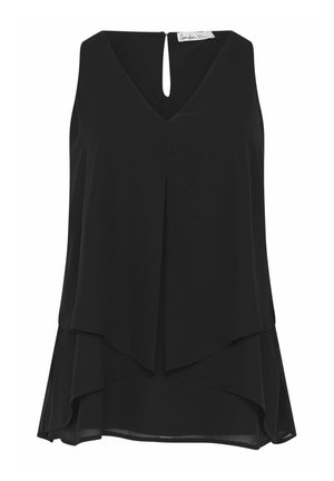 Schwarze ärmellose Bluse mit V-Ausschnitt, geschichtetem asymmetrischem Saum und kleinem Rückenausschnitt mit Knopfverschluss.
