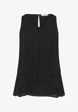 Schwarze ärmellose Bluse mit V-Ausschnitt, geschichtetem asymmetrischem Saum und kleinem Rückenausschnitt mit Knopfverschluss.