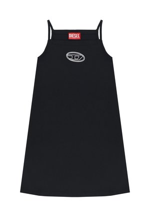 Vestito nero senza maniche con spalline sottili, toppa con logo Diesel sullo scollo e emblema ovale bianco ricamato al centro del petto.