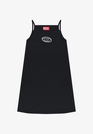 Vestito nero senza maniche con spalline sottili, toppa con logo Diesel sullo scollo e emblema ovale bianco ricamato al centro del petto.
