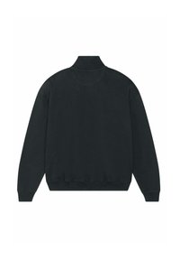 Felpa nera con collo alto, maniche lunghe, polsini e orlo a costine. Texture liscia senza motivi visibili o dettagli hardware.