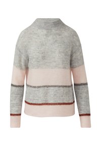 Mehakasta pletena majica z svetlo sivo, bledo roza in temno rdečimi vodoravnimi črtami ter rebrastim ovratnikom.