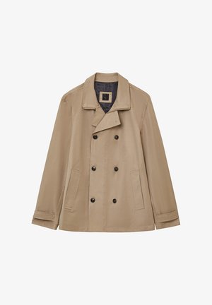 Beige Doppelreiher-Jacke mit notch-Kragen, zwei aufgesetzten Taschen und schwarzen Knöpfen, aus glattem, leichtem Stoff.